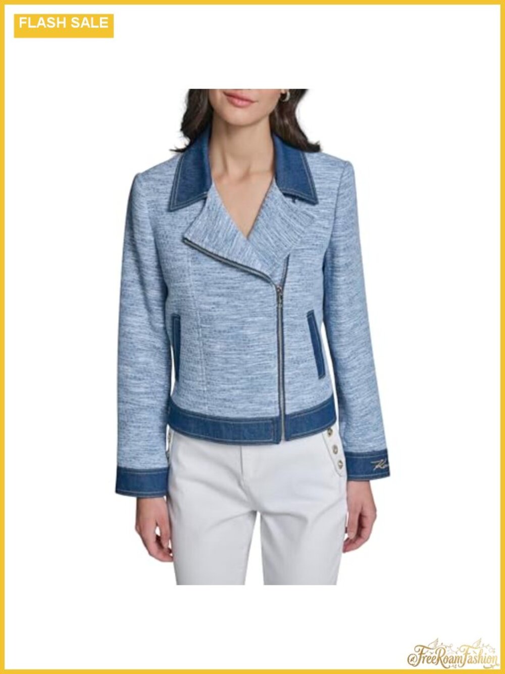 Long Sleeve Collared Denim Tweed Jacket Cotton Business Casual Zip